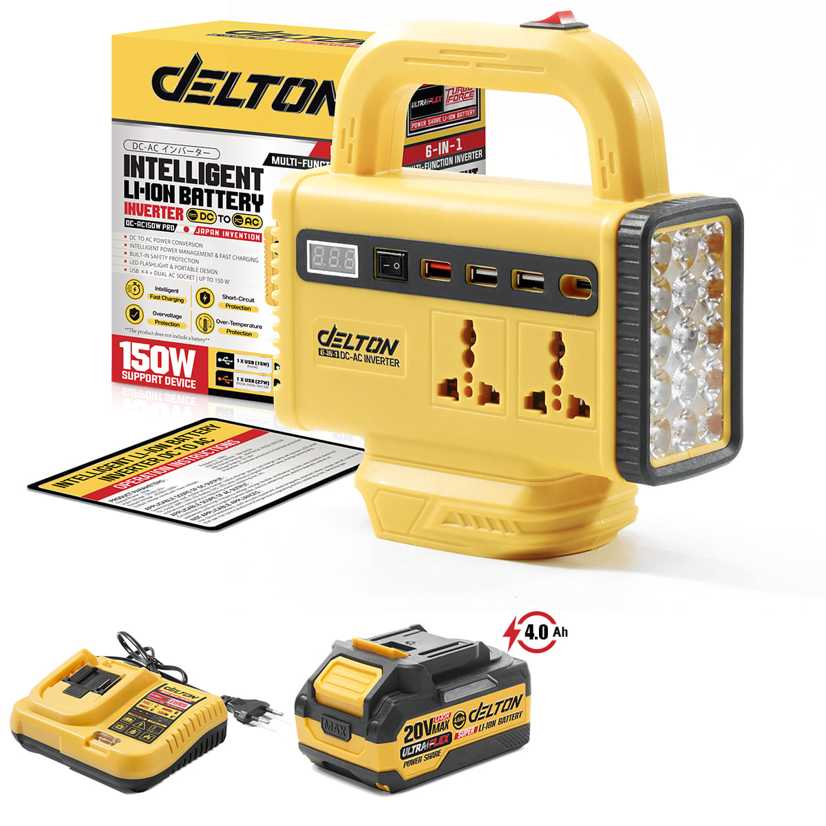 หัวแปลงปลั๊กไฟ (พร้อมแบตเตอรี่) DELTON รุ่น DC-AC150W-PRO ULTRAFLEX 20V 4AH_1